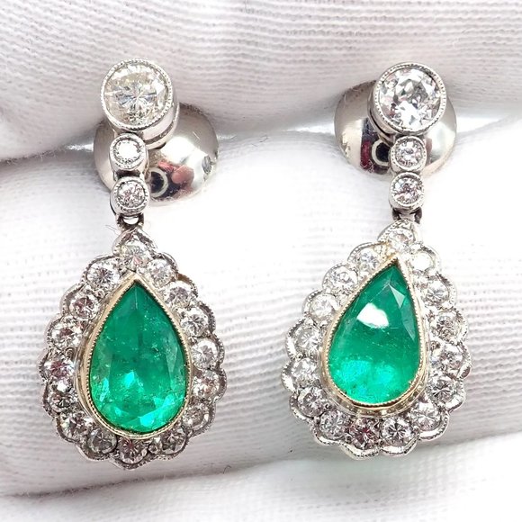 Vintage Estate Platinum Diamond Emerald Earrings Necklace Set - Picture 3 of 11